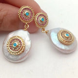 Natural Coin Pearl CZ Stud Earrings