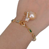 Pink Flameball Baroque Pearl Bracelet CZ Pave Bead Chain