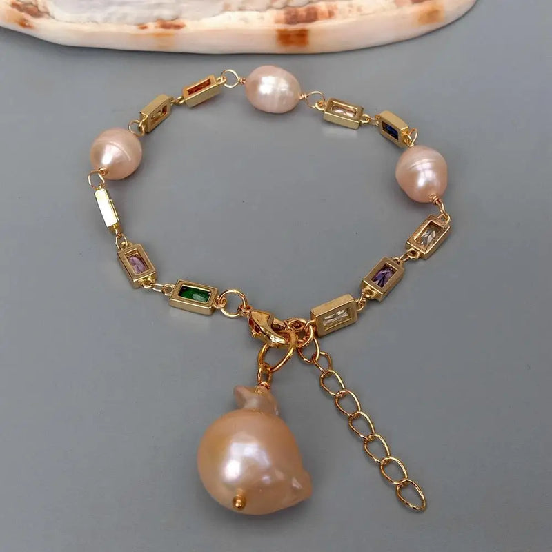 Pink Flameball Baroque Pearl Bracelet CZ Pave Bead Chain