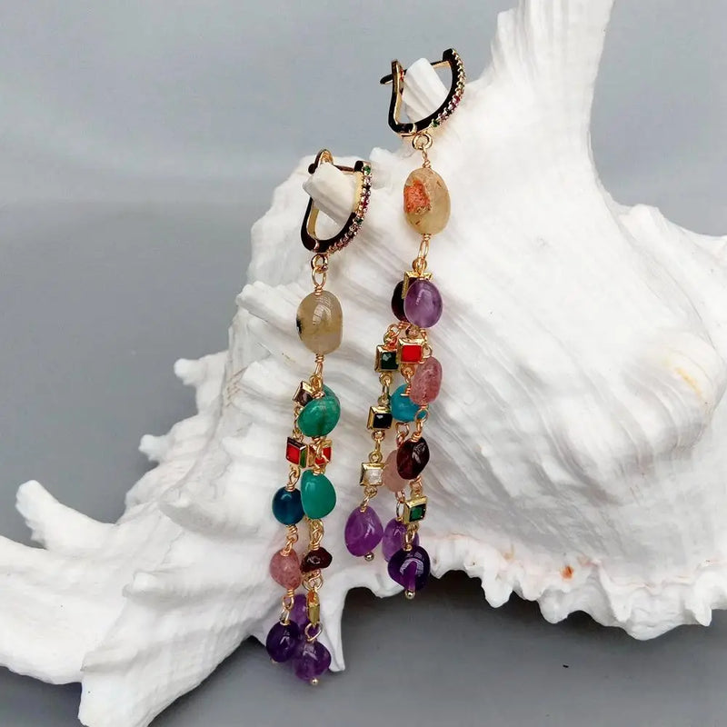 YYGEM 6x8mm Gemstone Dangle Earrings Cz Pave Lever Back Women