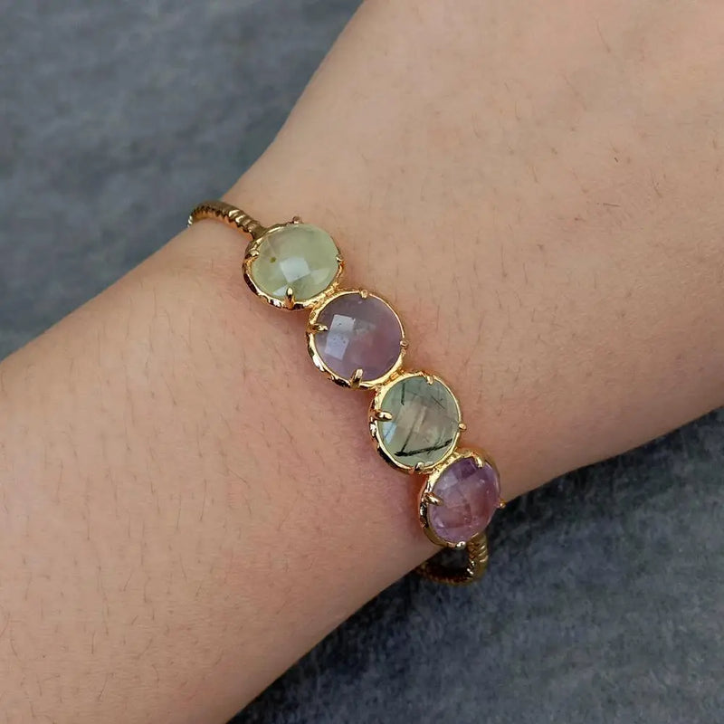 YYGEM Natural Green Prehnite Purple Amethyst Plated Bangle Bracelet