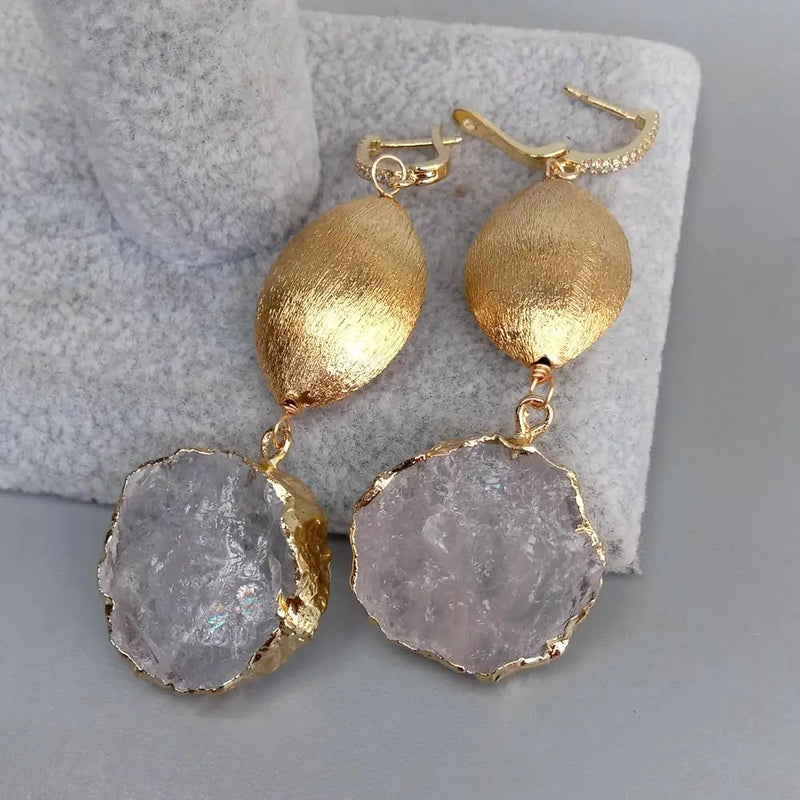 Clear Quartz Rough Coin Dangle Earrings
