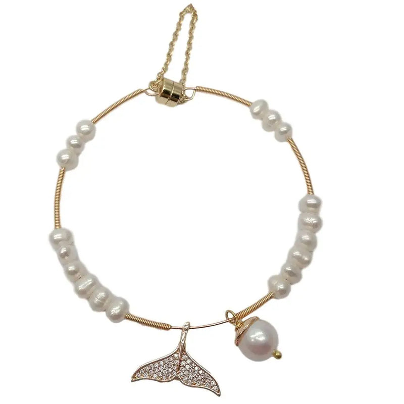 Freshwater Pearl CZ Pave Charms Bangle Bracelet
