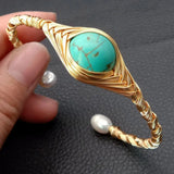 YYGEM Freshwater Rice Pearl Turquoise Bangle Bracelet for Women