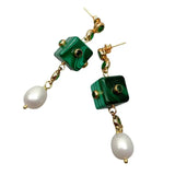 Green Malachite Cube Pearl Dangle Earrings