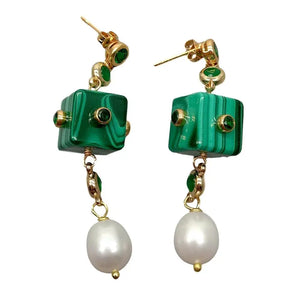 Green Malachite Cube Pearl Dangle Earrings