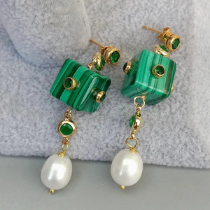 Green Malachite Cube Pearl Dangle Earrings