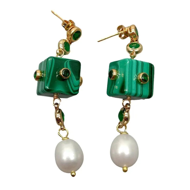 Green Malachite Cube Pearl Dangle Earrings