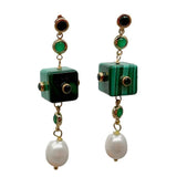Green Malachite Cube Pearl Dangle Earrings