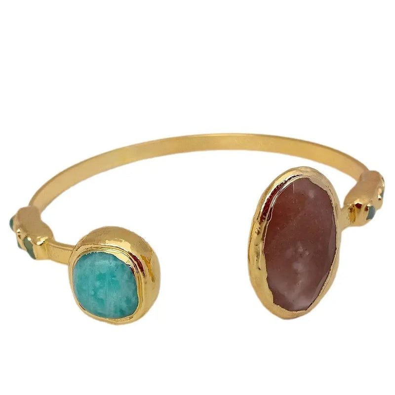 YYGEM Green Peruvian Amazonite Sunstone Electroplated Bangle Bracelet