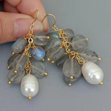 Labradorite Pearl Dangle Hook Earrings for Women