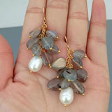 Labradorite Pearl Dangle Hook Earrings for Women