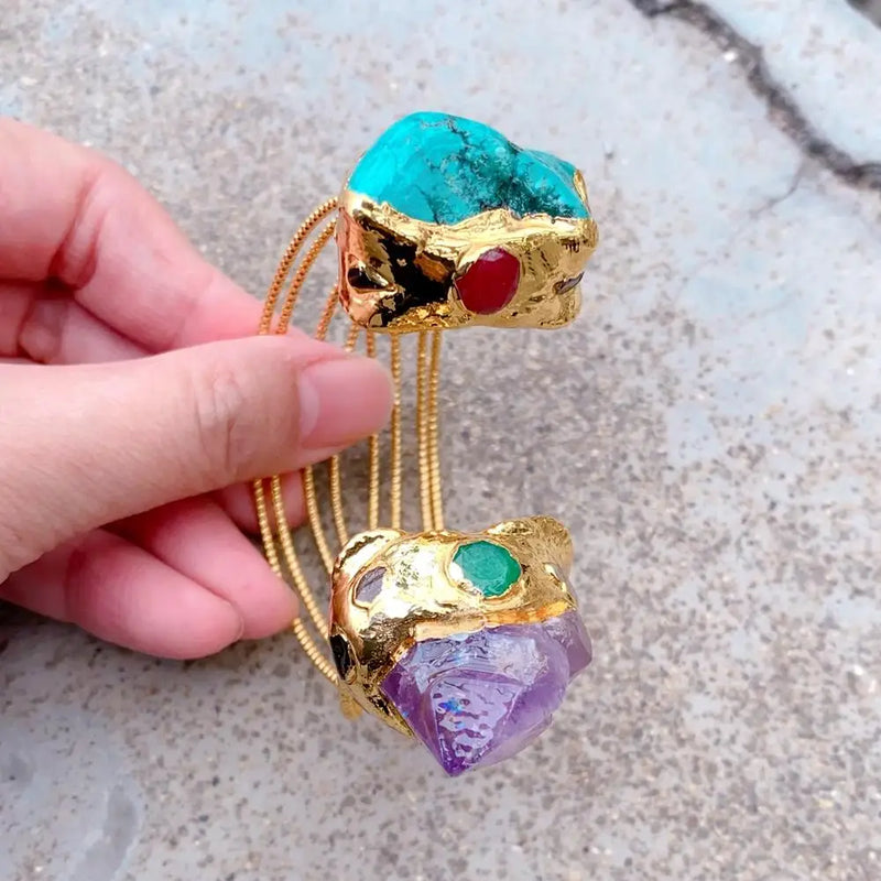 Purple Amethyst Druzy Green Turquoise Bangle Bracelet