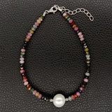 Rainbow Tourmaline Freshwater Pearl Bracelet 925 Silver Clasp