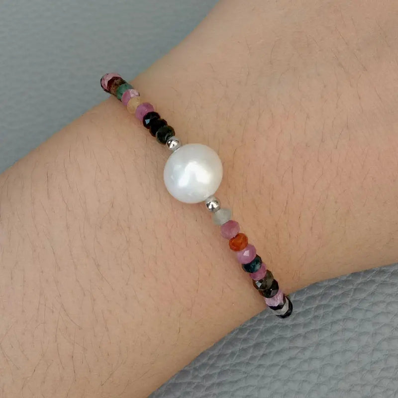 Rainbow Tourmaline Freshwater Pearl Bracelet 925 Silver Clasp