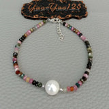 Rainbow Tourmaline Freshwater Pearl Bracelet 925 Silver Clasp
