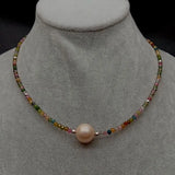 Rainbow Tourmaline Pink Pearl Choker Necklace 925 Silver Clasp