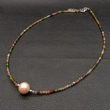 Rainbow Tourmaline Pink Pearl Choker Necklace 925 Silver Clasp