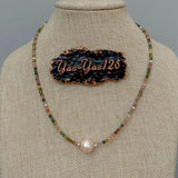 Rainbow Tourmaline Pink Pearl Choker Necklace 925 Silver Clasp