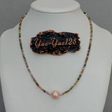 Rainbow Tourmaline Pink Pearl Choker Necklace 925 Silver Clasp