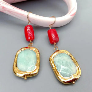 YYGEM Amazonite Red Coral Dangle Earrings