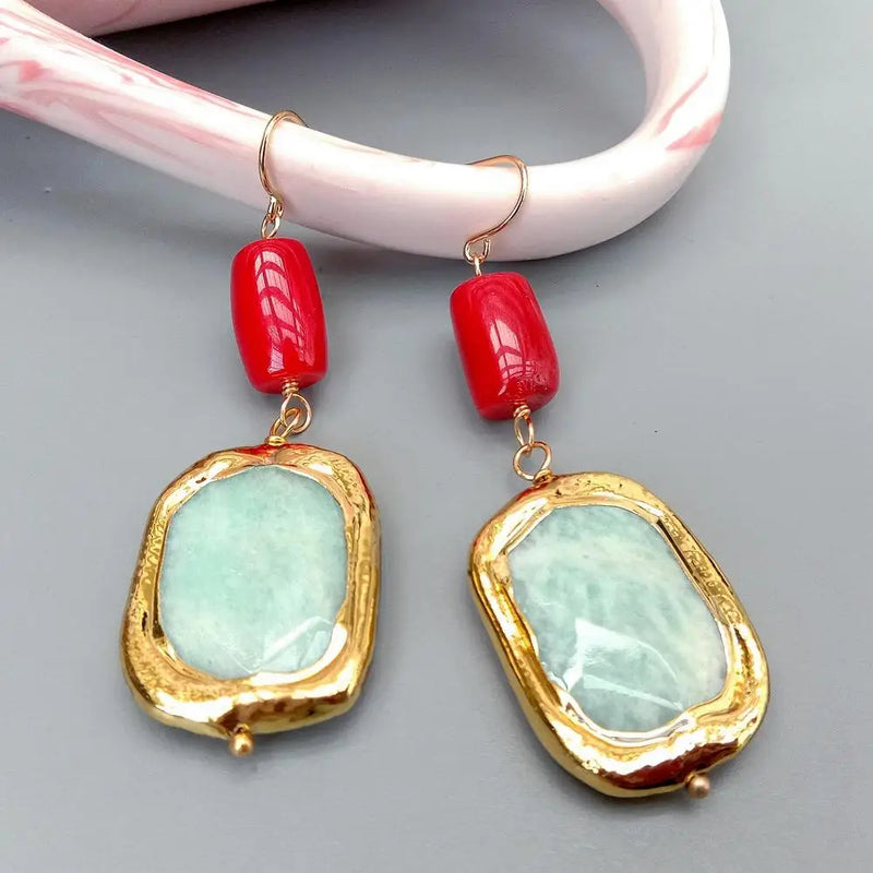 YYGEM Amazonite Red Coral Dangle Earrings