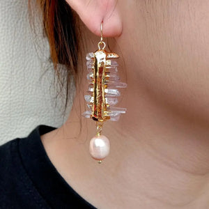 Red Lepidocrocite Quartz Druzy Pink Rice Pearl Hook Earrings