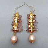 Red Lepidocrocite Quartz Druzy Pink Rice Pearl Hook Earrings