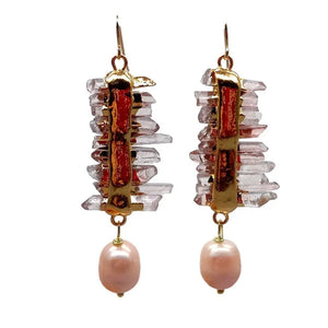 Red Lepidocrocite Quartz Druzy Pink Rice Pearl Hook Earrings