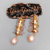 Red Lepidocrocite Quartz Druzy Pink Rice Pearl Hook Earrings