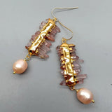 Red Lepidocrocite Quartz Druzy Pink Rice Pearl Hook Earrings