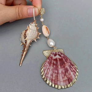 YYGEM Sea Shell Conch Rice Pearl Dangle Stud Earrings