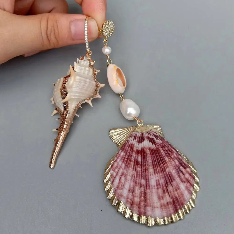 YYGEM Sea Shell Conch Rice Pearl Dangle Stud Earrings