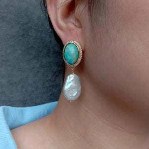 YYGEM Women Earrings Freshwater Pearl & Amazonite Stones Dangle Jewelry