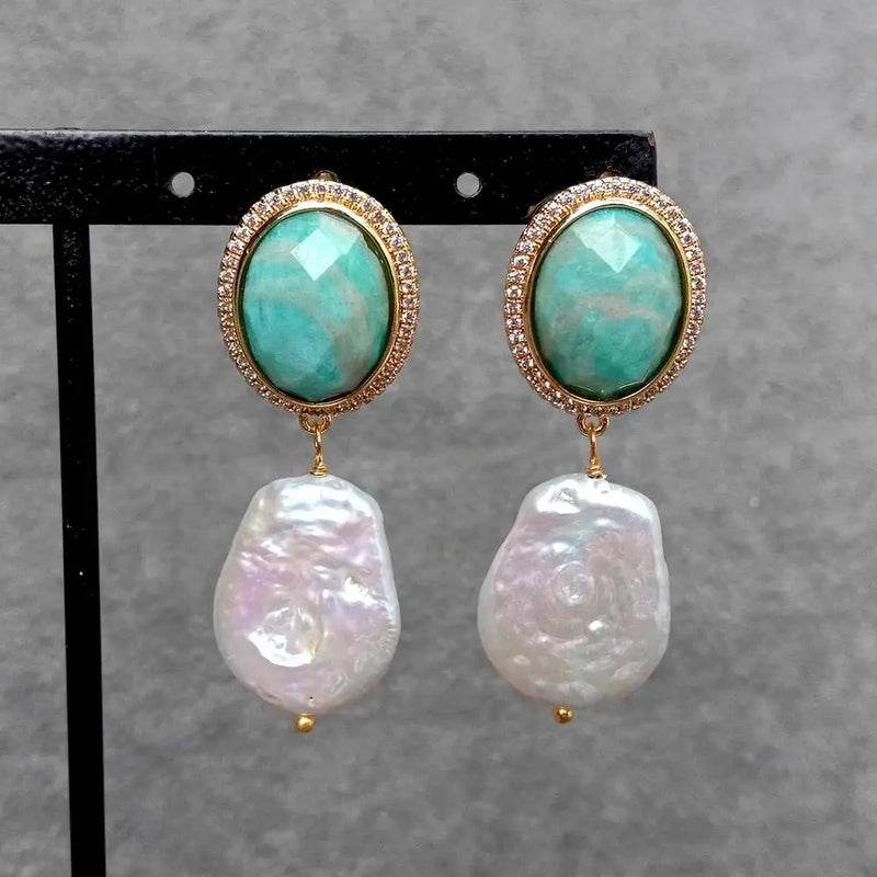 YYGEM Women Earrings Freshwater Pearl & Amazonite Stones Dangle Jewelry