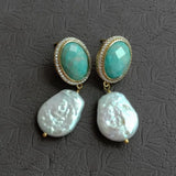 YYGEM Women Earrings Freshwater Pearl & Amazonite Stones Dangle Jewelry