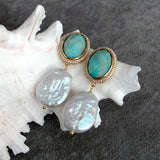 YYGEM Women Earrings Freshwater Pearl & Amazonite Stones Dangle Jewelry