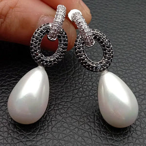 YYGEM CZ Pave Teardrop Sea Shell Pearl Stud Earrings