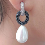 YYGEM CZ Pave Teardrop Sea Shell Pearl Stud Earrings