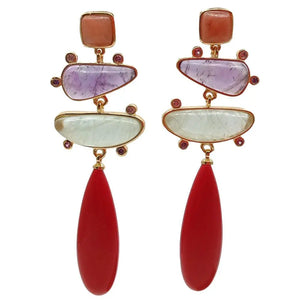 Red Turquoise teardrop Prehnite Amethyst Cz stud Earrings