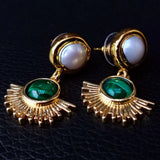 Green Malachite Coin Freshwater Pearl Stud Earrings