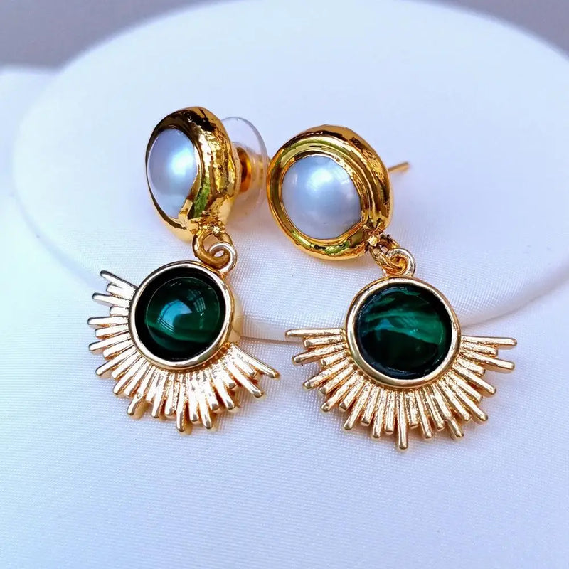 Green Malachite Coin Freshwater Pearl Stud Earrings