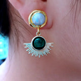Green Malachite Coin Freshwater Pearl Stud Earrings