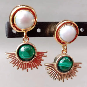 Green Malachite Coin Freshwater Pearl Stud Earrings
