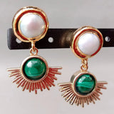 Green Malachite Coin Freshwater Pearl Stud Earrings