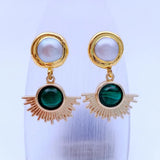 Green Malachite Coin Freshwater Pearl Stud Earrings