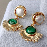 Green Malachite Coin Freshwater Pearl Stud Earrings