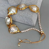 YYGEM Keshi Pearl Flower Bracelet CZ Pave Chain Adjustable