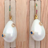 YYGEM White Sea Shell Pearl CZ Pave Hoop Earrings Wedding Party Jewelry