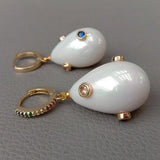 YYGEM White Sea Shell Pearl CZ Pave Hoop Earrings Wedding Party Jewelry